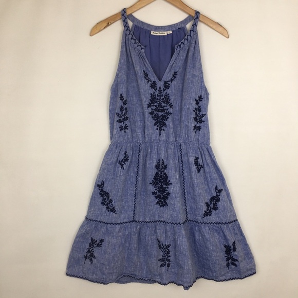 Anthropologie Roller Rabbit Mini Dress Embroidered Linen Blue Sleeveless Size XS - Picture 5 of 16